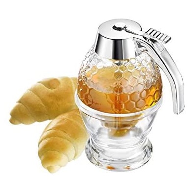 con cuchara y tapa para miel dispensador de miel 300 ml Pisamhid Recipiente para miel de cristal recipiente para miel de cristal transparente 